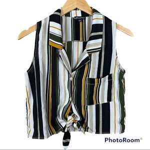 Shinestar striped tie front button up sleeveless blouse black yellow